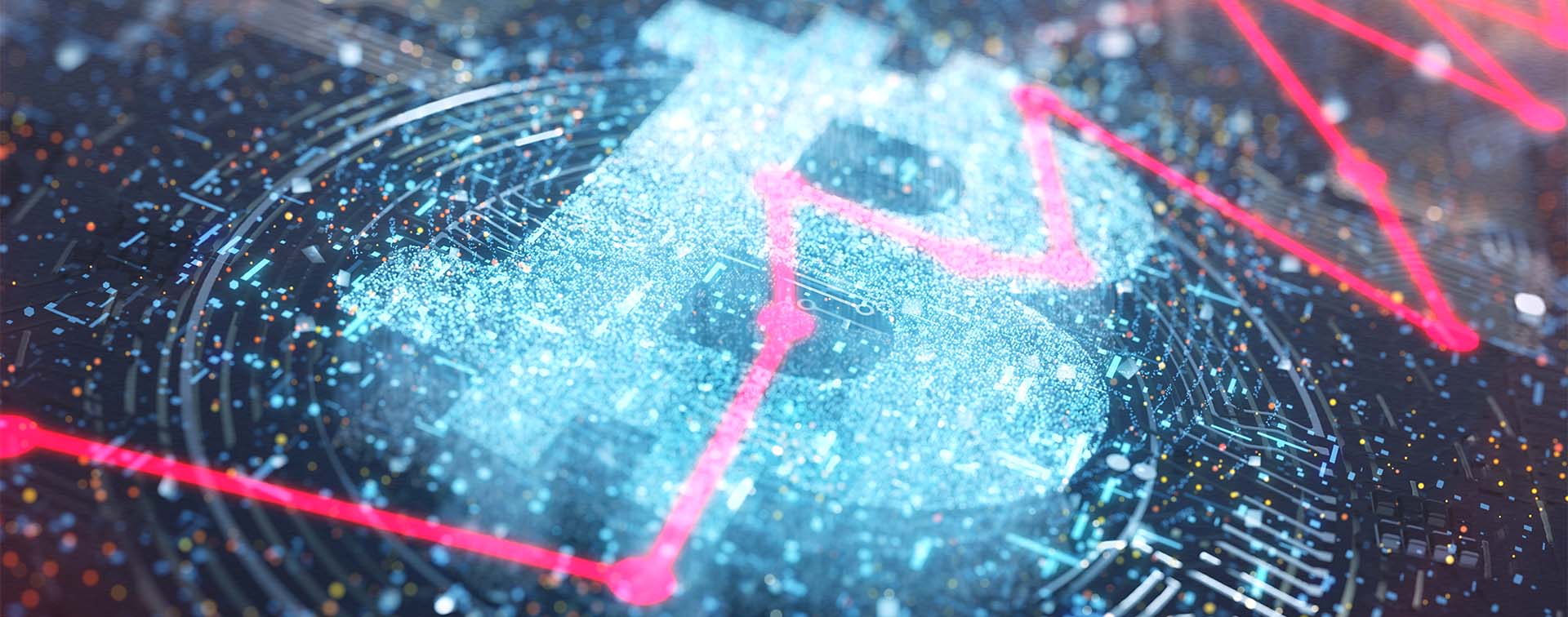 Glowing Bitcoin logo on a digital circuit with a fluctuating red graph line over it