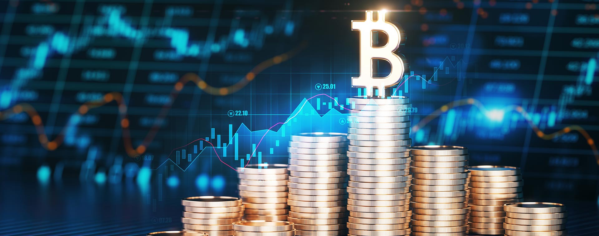 The Bitcoin Symbol on Top of Stacks of Coins in Front Of a Financial Chart