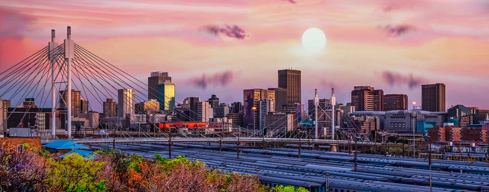 Modern buildings and bridge against mauve cloudy sky during sunset in city