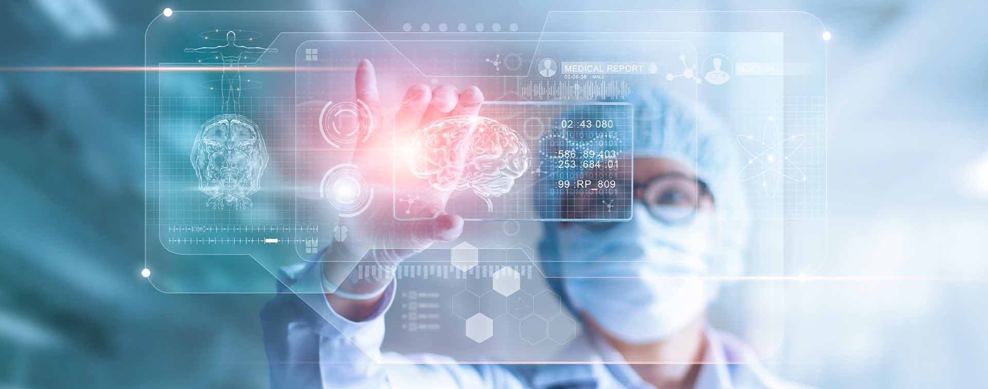 A surgeon examining a digital rendering of a human brain