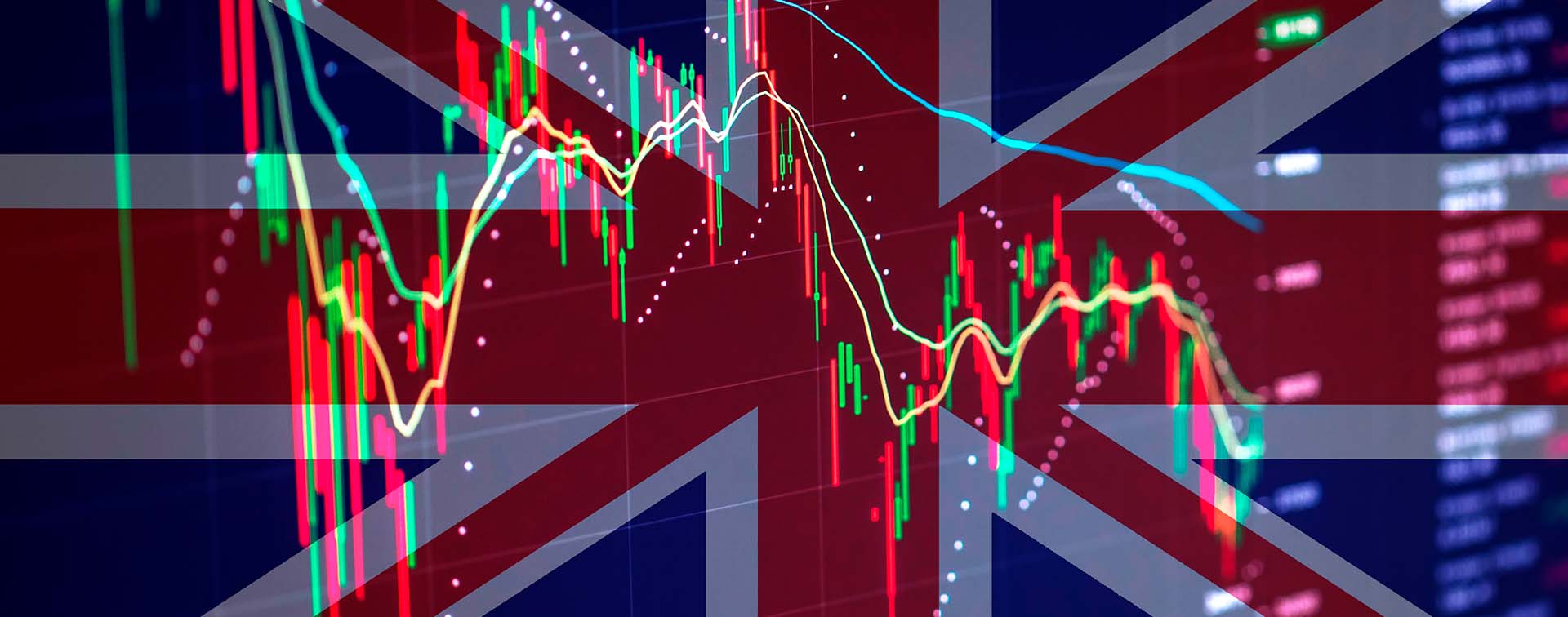 A graph showing the movement of the stock market overlaid on the UK flag