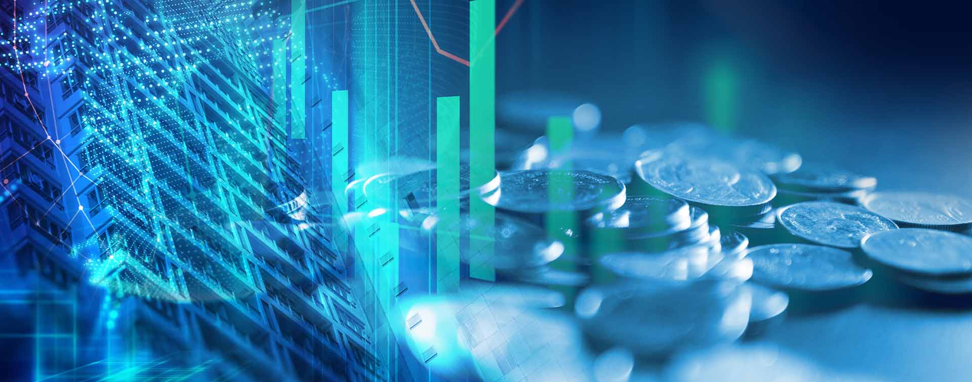 Pile of coins on technology financial graph background with building superimposed