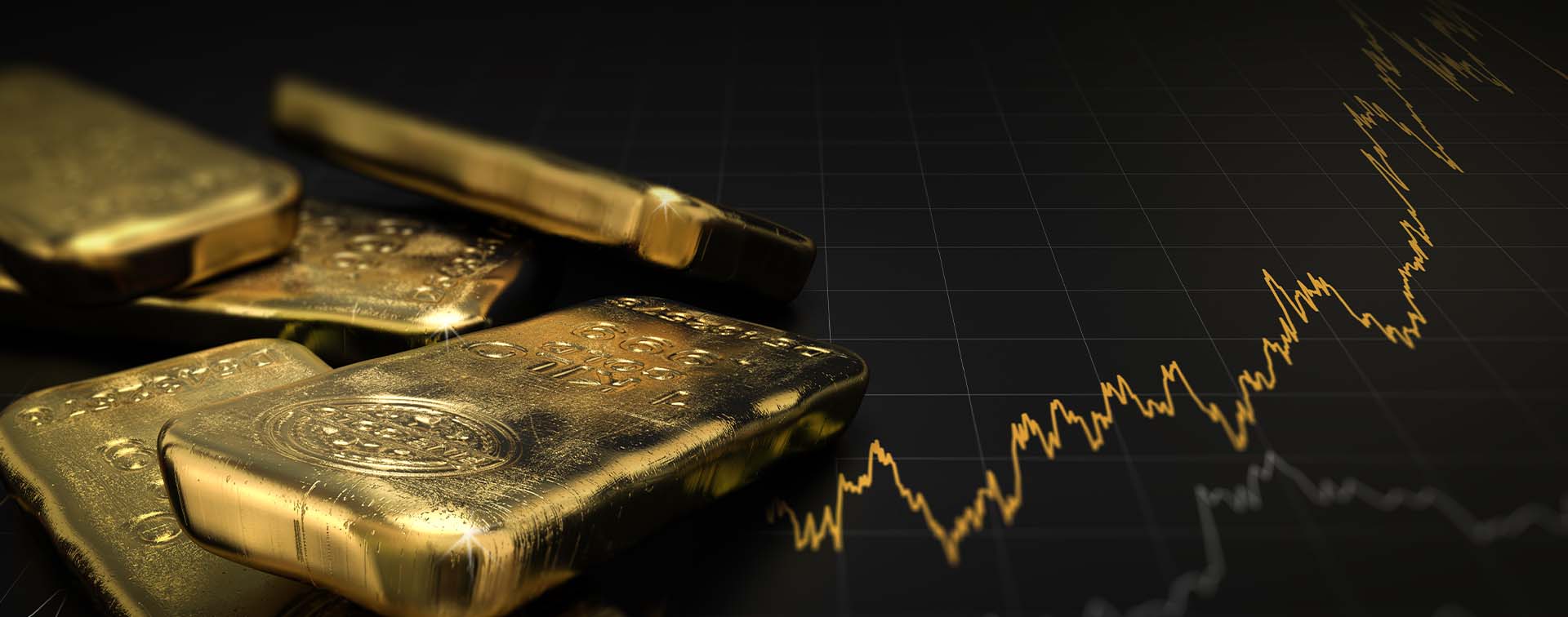 3D illustration of gold ingots over black background with a chart.