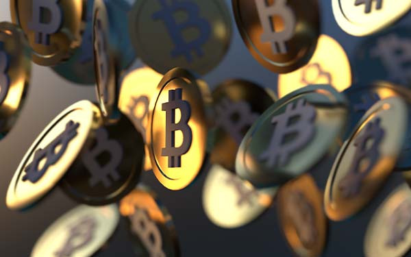 Cryptocurrency gold coins falling, 3D render