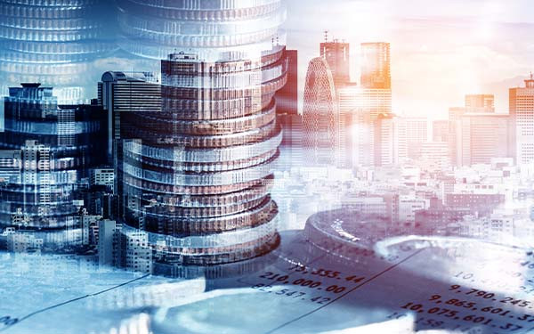 Composite image of coins and a skyline