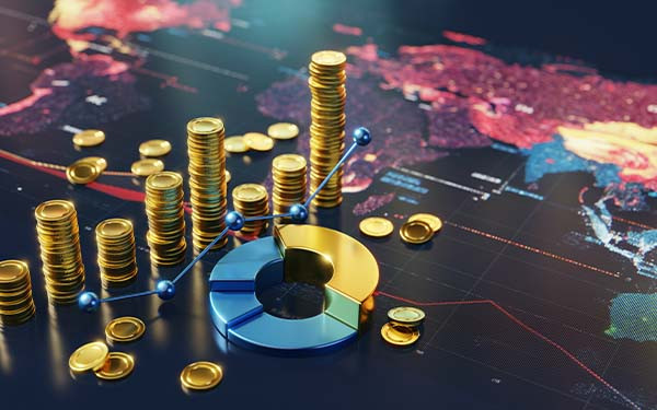 Global financial trends displayed through coins, graphs, and a world map visualization