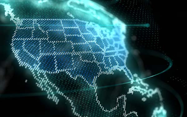 Digital global map of USA, America, US, hologram effect, black background 