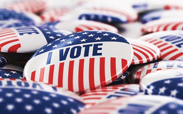 3d rendering stack of vote button badges with US stars and stripes