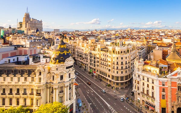 Aerial view of Calle de Alcalà in Madrid, Spain