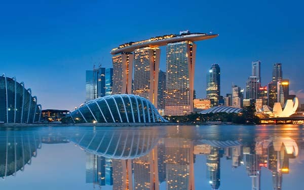 View of skyscrapers from Marina Bay in Singapore