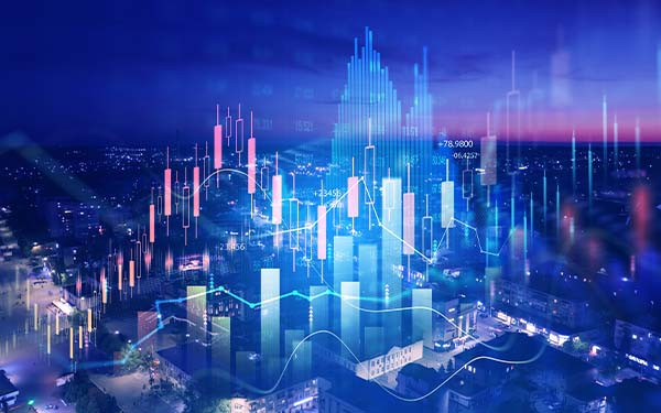 Data chart on city backdrop. Business development, financial plan and strategy. Analysis finance graph and market chart investment