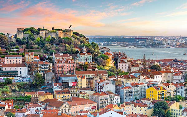 Lisbon, Portugal skyline at Sao Jorge Castle at sunset