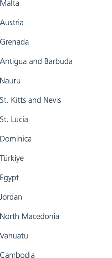 Malta 76 Austria 75 Grenada 69 Antigua and Barbuda 67 Nauru 66 St. Kitts and Nevis 66 St. Lucia 66 Dominica 65 T rkiy...