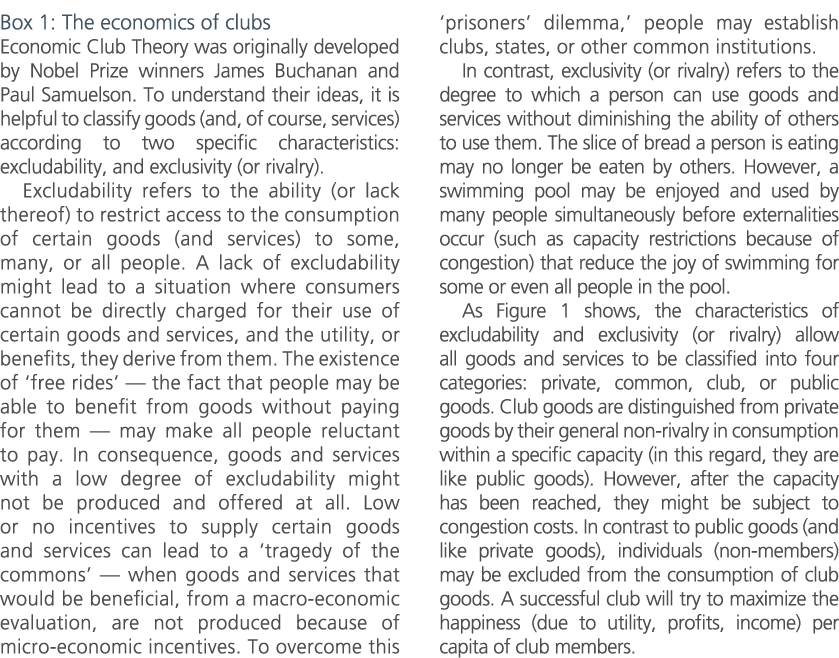 Box 1: The economics of clubs Economic Club Theory was originally developed by Nobel Prize winners James Buchanan and...